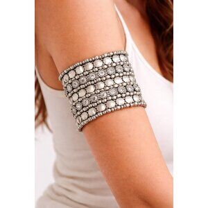Wide Boho Silver Tone Stretch Cuff Bracelet Arm/Wrist Cuff Rhinestone Statement